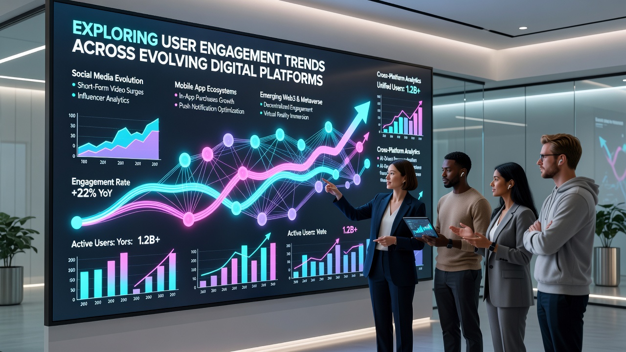 Analytics dashboard displaying cross-platform user engagement statistics and trend lines from recent digital reports